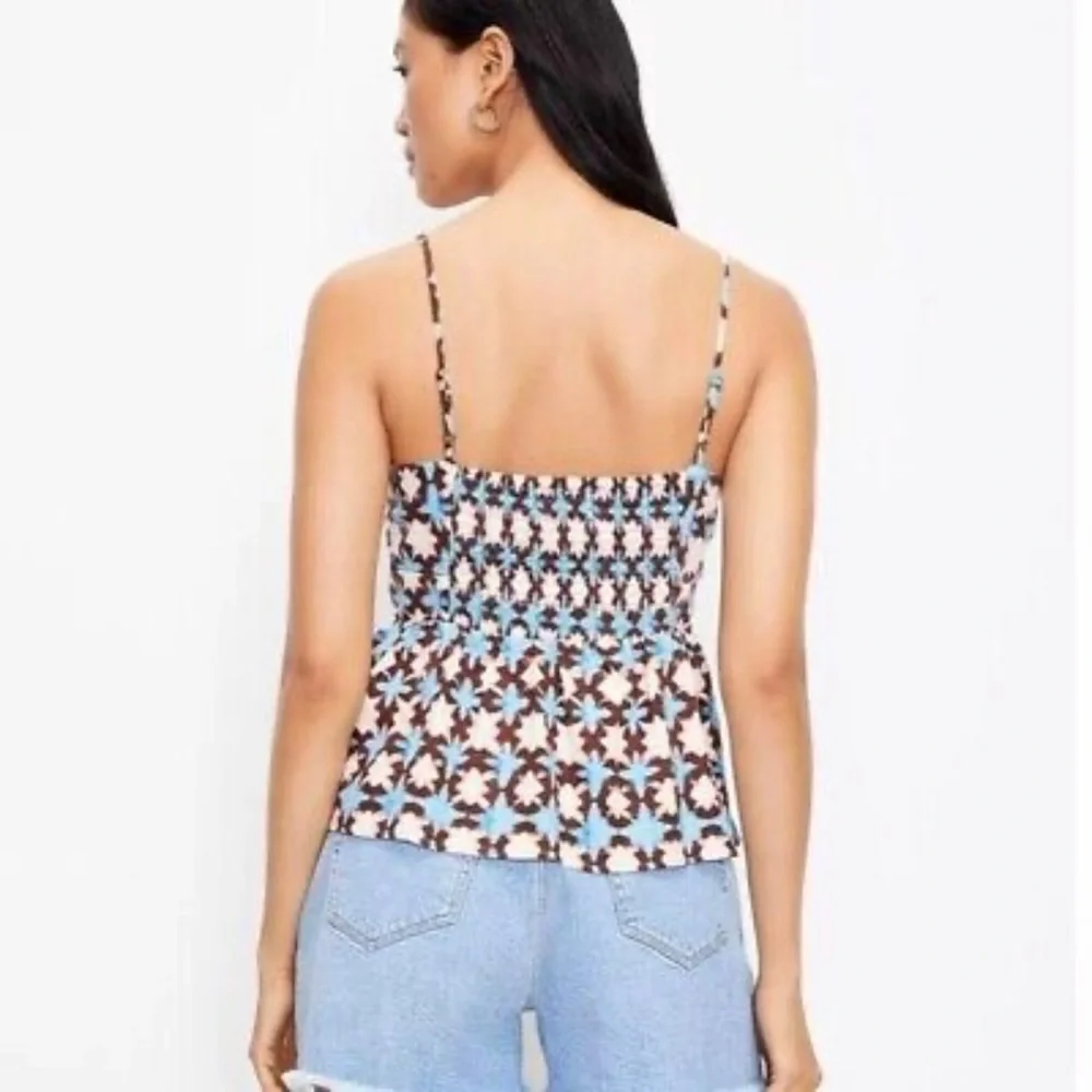 LOFT | Blue Brown Floral Peplum Cami Spaghetti Straps Smocked Back Azure…
